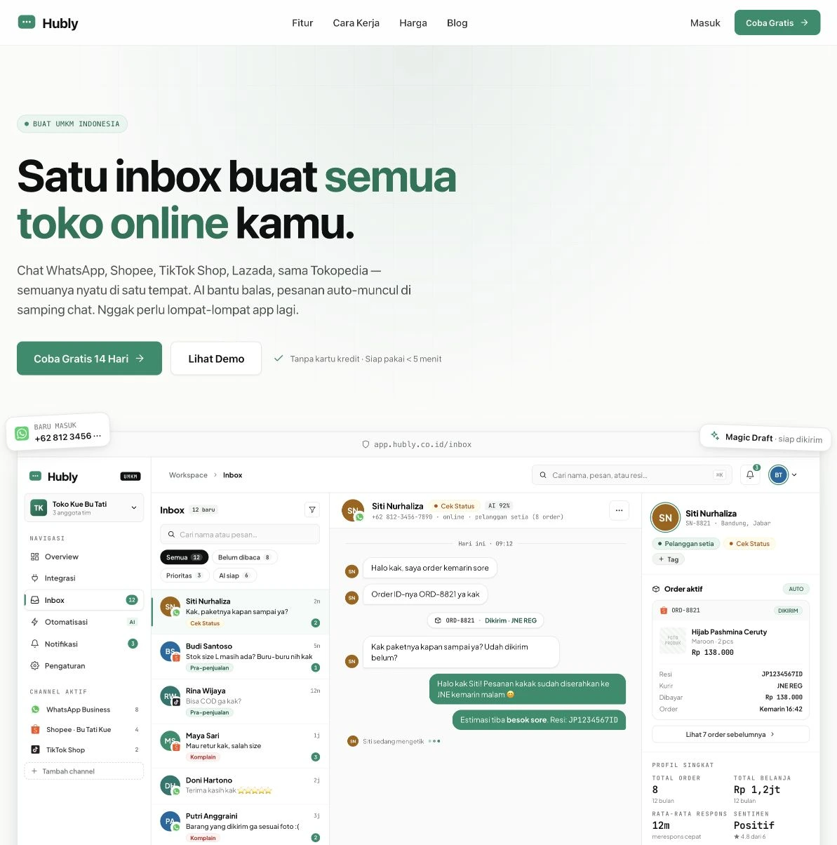 Hubly’s actual landing page, with its green branding and shared inbox product preview
